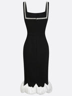 Black Rhinestone Ruched Knit Square Neck Sleeveless Bodycon Midi Dress