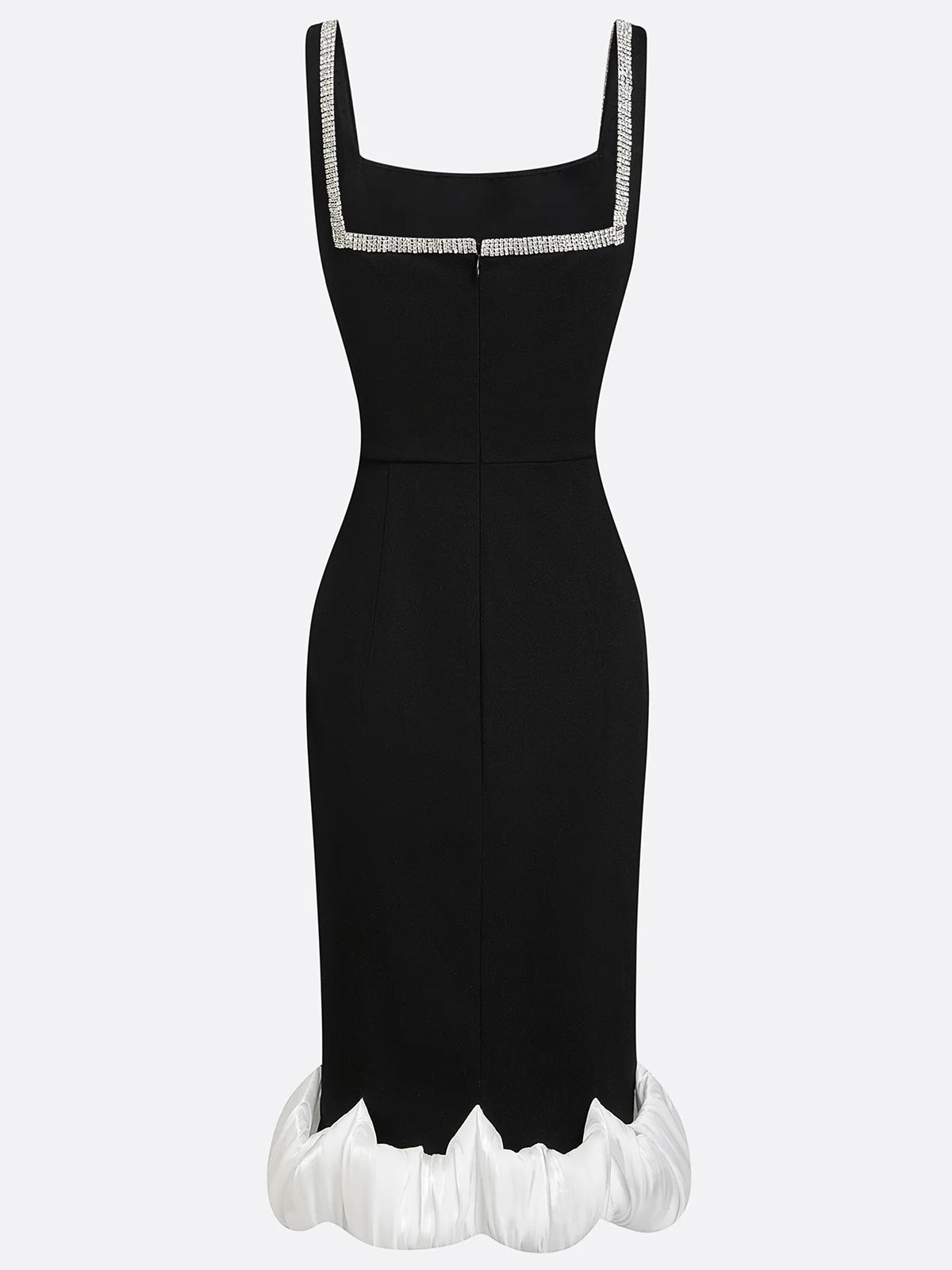 Black Rhinestone Ruched Knit Square Neck Sleeveless Bodycon Midi Dress