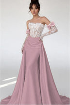 Cocoslly Strapless Sleeveless High Waist Long Mermaid Prom Dress With Long Sleeves And Lace | Blushing Pink Satin