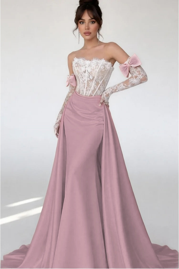 Cocoslly Strapless Sleeveless High Waist Long Mermaid Prom Dress With Long Sleeves And Lace | Blushing Pink Satin