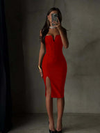 Spandex V-Neck Strapless Sleeveless Sheath Prom Dress With Buttons And Split YK0693