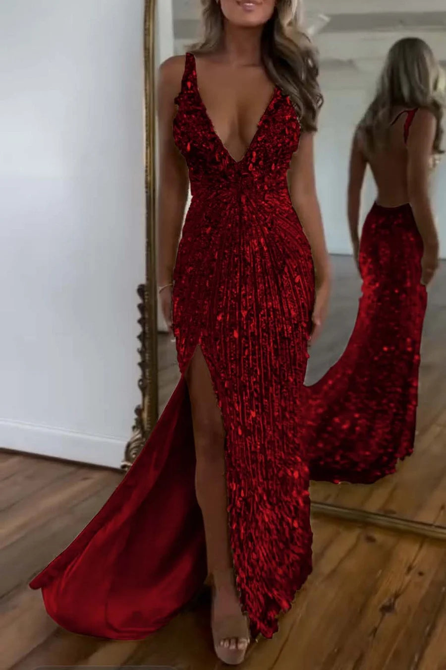 Cocoslly Spaghetti Straps V Neck Sleeveless High Neck Long Prom Dress with Split | Glod Champage  Sequins MS0489