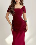 Cocoslly Square Neck Sleeveless High Waist Long Mermaid Prom Dress With Pleated | Burgundy Satin DB0128