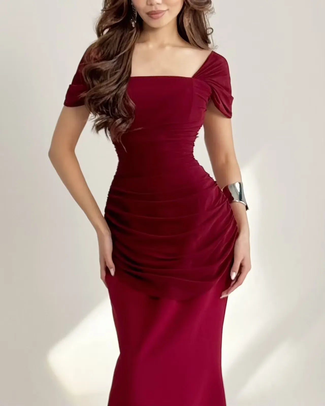 Cocoslly Square Neck Sleeveless High Waist Long Mermaid Prom Dress With Pleated | Burgundy Satin DB0128