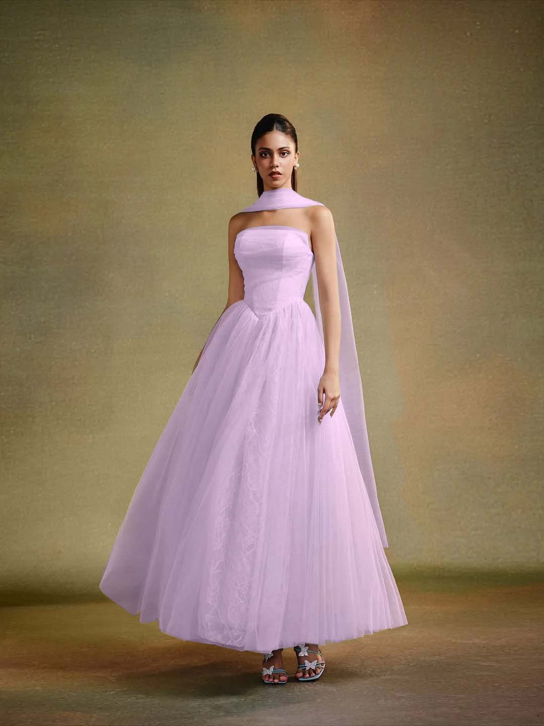 Tulle Strapless Sleeveless Long A-Line Prom Dress With Pleated And Ruffles YK0659
