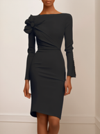 Cream White Bow Long Sleeve Sheath Midi Dress