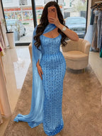 Cocoslly Strapless Sleeveless High Waist Long Prom Dress With Shawl And Rhinstone | Dusty Sage Satin YK1255