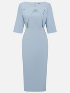 Light Blue Ruched Cotton Boat Neck Half Sleeve Sheath Midi Dress