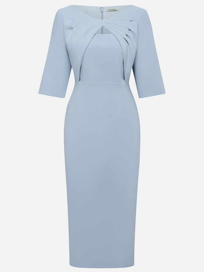 Light Blue Ruched Cotton Boat Neck Half Sleeve Sheath Midi Dress