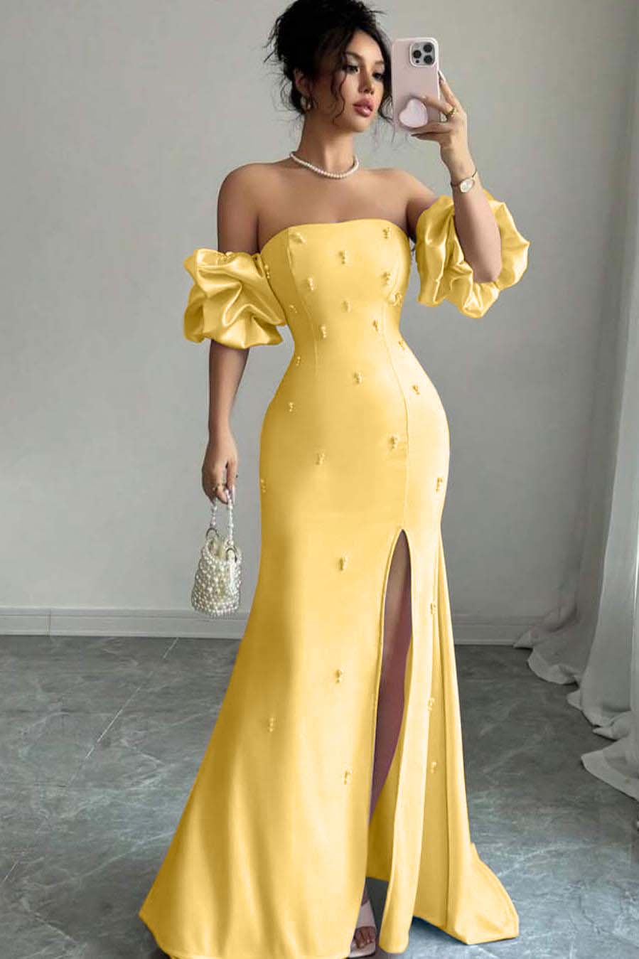 Strapless Bubble Sleeves Long Split Prom Dress With Beading WQ0027