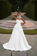 Satin Strapless Sleeveless Long A-Line Prom Dress With Pleated And Corset YK0797