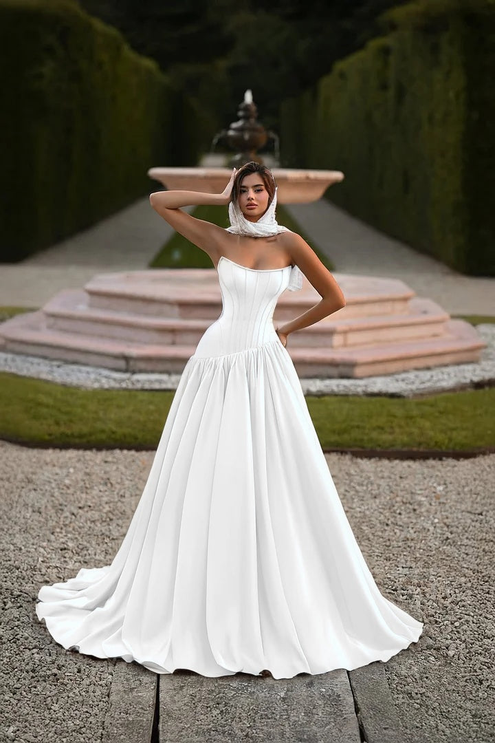 Satin Strapless Sleeveless Long A-Line Prom Dress With Pleated And Corset YK0797