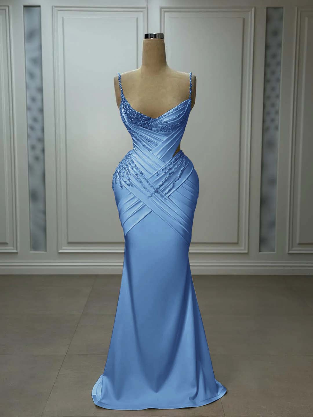 Satin V-Neck Spaghetti Straps Strapless Sleeveless Long Mermaid Prom Dress With Pleated And Beadings YK0743