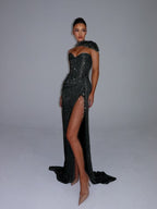 Cocoslly Strapless Sweetheart Sleeveless High Waist Long Split Prom Dress With Shawl | Silver Grey Sequins YK1275