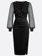 Black Beaded Slit Satin V Neck Long Sleeve Balloon Sleeve Sheath Midi Dress