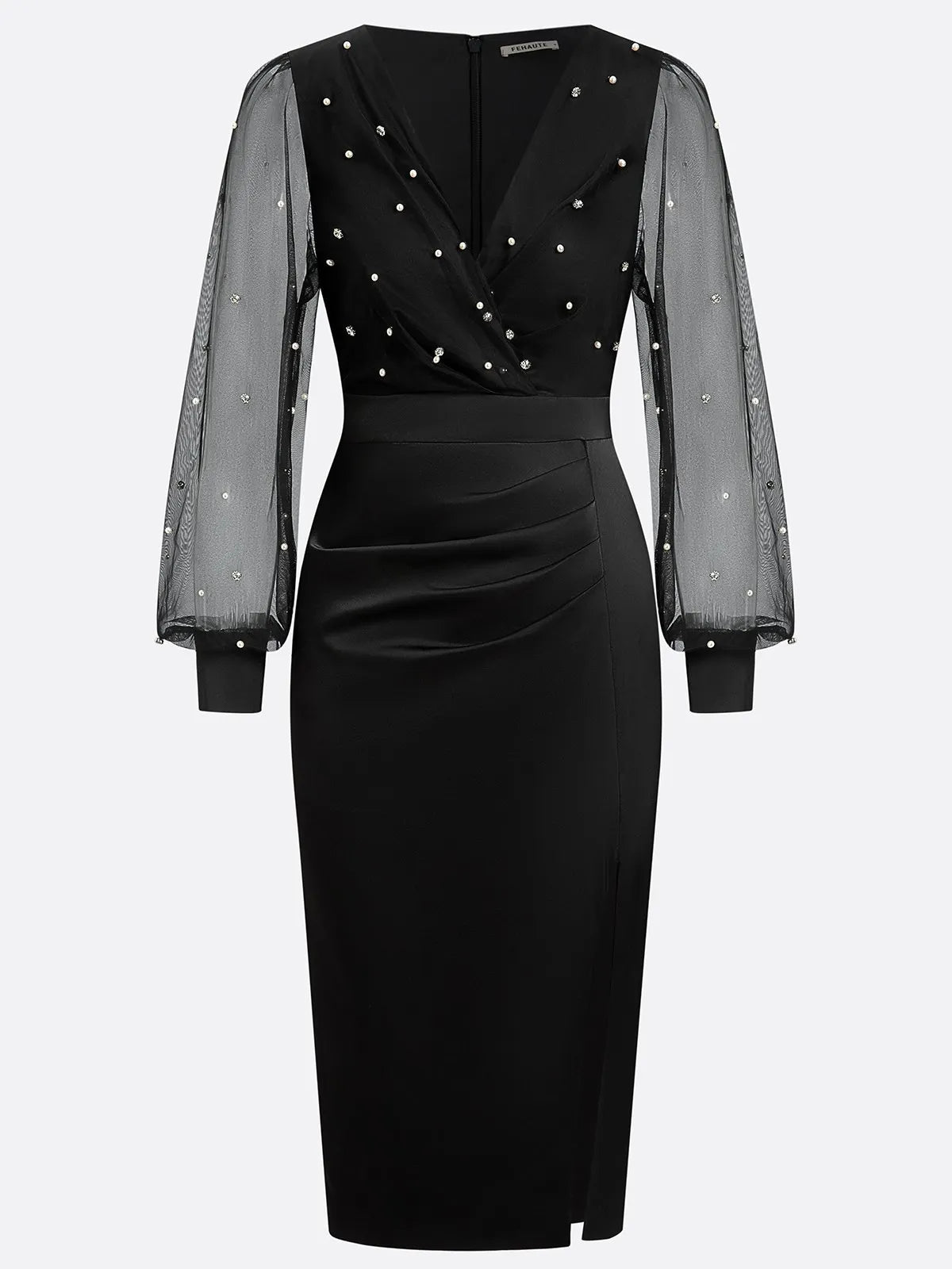 Black Beaded Slit Satin V Neck Long Sleeve Balloon Sleeve Sheath Midi Dress
