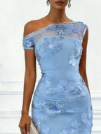 Light Blue Jacquard Classic Off The Shoulder Sleeveless Bodycon Floor-length Gown Dress