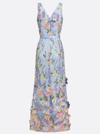 Light Blue Floral Embroidered Classic V Neck Sleeveless A-Line Floor-length Gown Dress