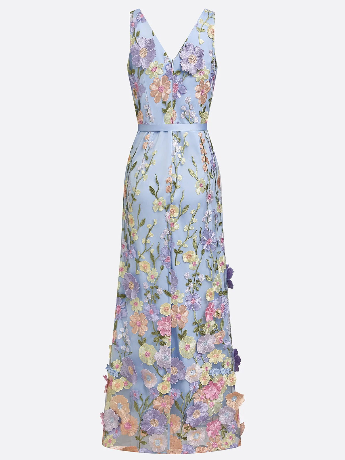 Light Blue Floral Embroidered Classic V Neck Sleeveless A-Line Floor-length Gown Dress
