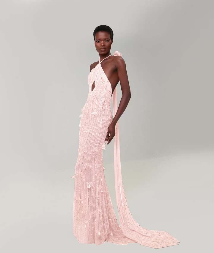 Cocoslly Halter Sleeveless High Waist Long Mermaid Prom Dress With Sequins | Nude Champage Chiffon YK1282