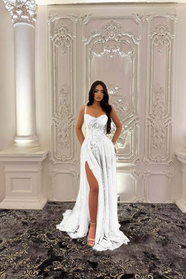 Straps Sleeveless Long Split Prom Dress With Pleated Appliques WQ0227