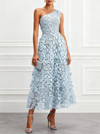 Light Blue 3D Floral Classic One Shoulder Sleeveless A-Line Midi Dress