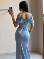 Cocoslly Off-The-Shoulder Sleeveless High Waist Long Mermaid Prom Dress With Pleated | Sky Blue Satin CO0155