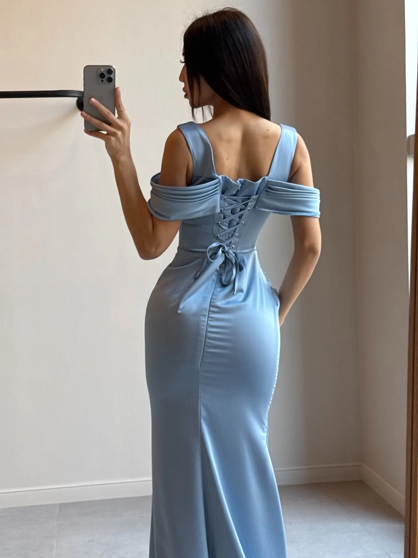 Cocoslly Off-The-Shoulder Sleeveless High Waist Long Mermaid Prom Dress With Pleated | Sky Blue Satin CO0155