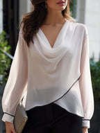 Draped Cowl Neck Piping Trim Sheer Sleeve Blouse