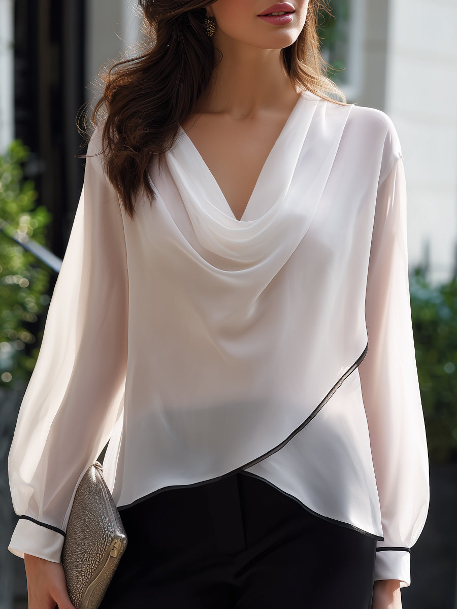 Draped Cowl Neck Piping Trim Sheer Sleeve Blouse