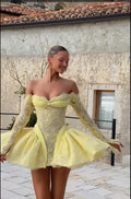 Cocoslly Strapless Long Sleeves Short Prom Dress With Appliques And Pleated | Daffodil Lace YQ0138