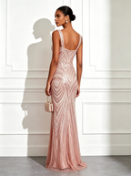 Light Pink Sequin Square Neck Sleeveless Mermaid Floor-length Gown Dress