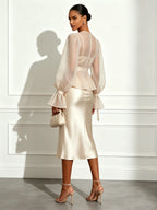 Champagne Mesh Satin V Neck Long Sleeve Bell Sleeve Sheath Midi Dress