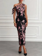 Pink Embroidery Bow Lace One Shoulder Sleeveless Sheath Maxi Dress