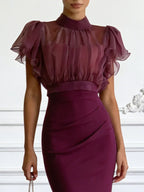 Women Burgundy Mock Neck Short Sleeve Dressy Dress With Top Two-Piece Set