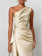 Champagne Ruffled Ruched Satin One Shoulder Sleeveless Sheath Floor-length Gown Dress