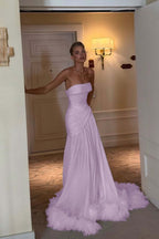 Cocoslly Strapless Sleeveless Long Pleated Prom Dress With Feathers | Ivory Satin ZA0210