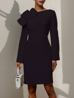 Cream White Bow Long Sleeve Sheath Midi Dress