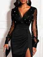 Black Beaded Slit Satin V Neck Long Sleeve Balloon Sleeve Sheath Midi Dress