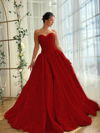 Satin V-Neck Strapless Sleeveless Long A-Line Prom Dress With Split And Pleated YK0614