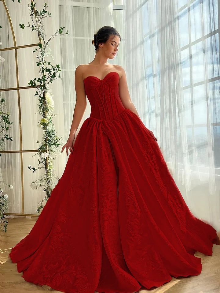 Satin V-Neck Strapless Sleeveless Long A-Line Prom Dress With Split And Pleated YK0614