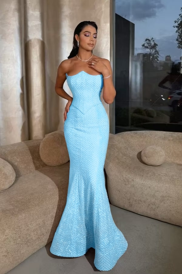 Cocoslly Strapless Sleeveless High Waist Long Mermaid Prom Dress | Lilac Sequins ZT0602