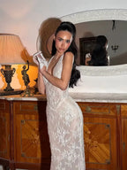 Cocoslly Halter Sleeveless High Waist Long Prom Dress With Gloves | White Chiffon LR0206