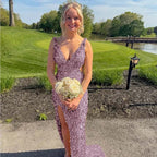 Cocoslly Straps V-Neck Sleeveless High Waist Long Prom Dress With Split | Champage Glod Sequins ZT0893