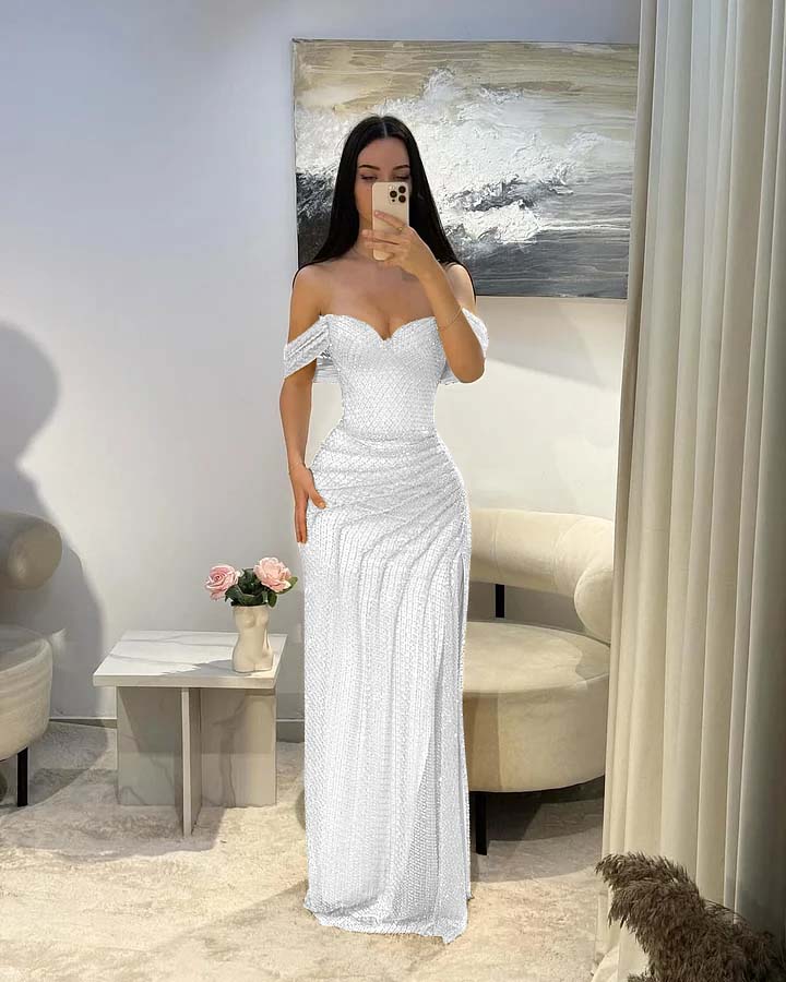 Cocoslly Satin Off-The-Shoulder Sleeveless Long Prom Dress With Pleated