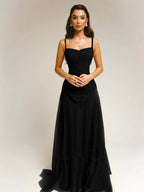Tulle Square Neck Spaghetti Straps Strapless Sleeveless Long A-Line Prom Dress With Beadings YK0789