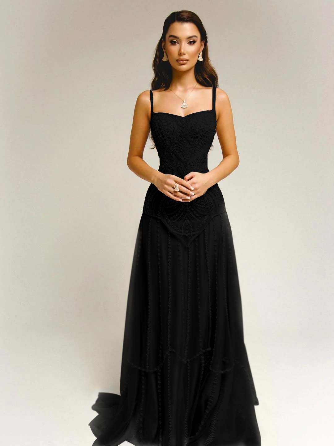 Tulle Square Neck Spaghetti Straps Strapless Sleeveless Long A-Line Prom Dress With Beadings YK0789