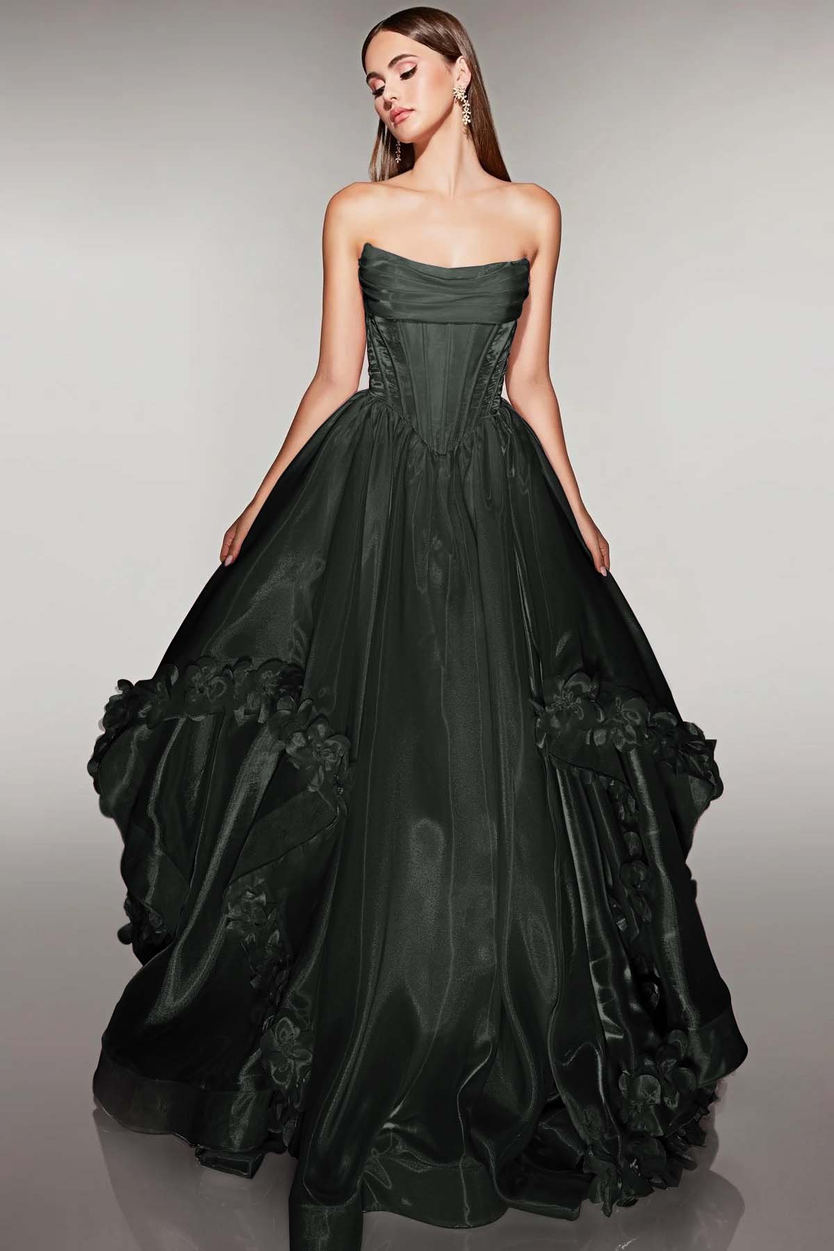 Cocoslly Strapless Sleeveless High Waist Long A Line Prom Dress With Flowers | Pink Satin