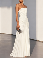 White Pleated Satin Strapless Sleeveless A-Line Maxi Dress