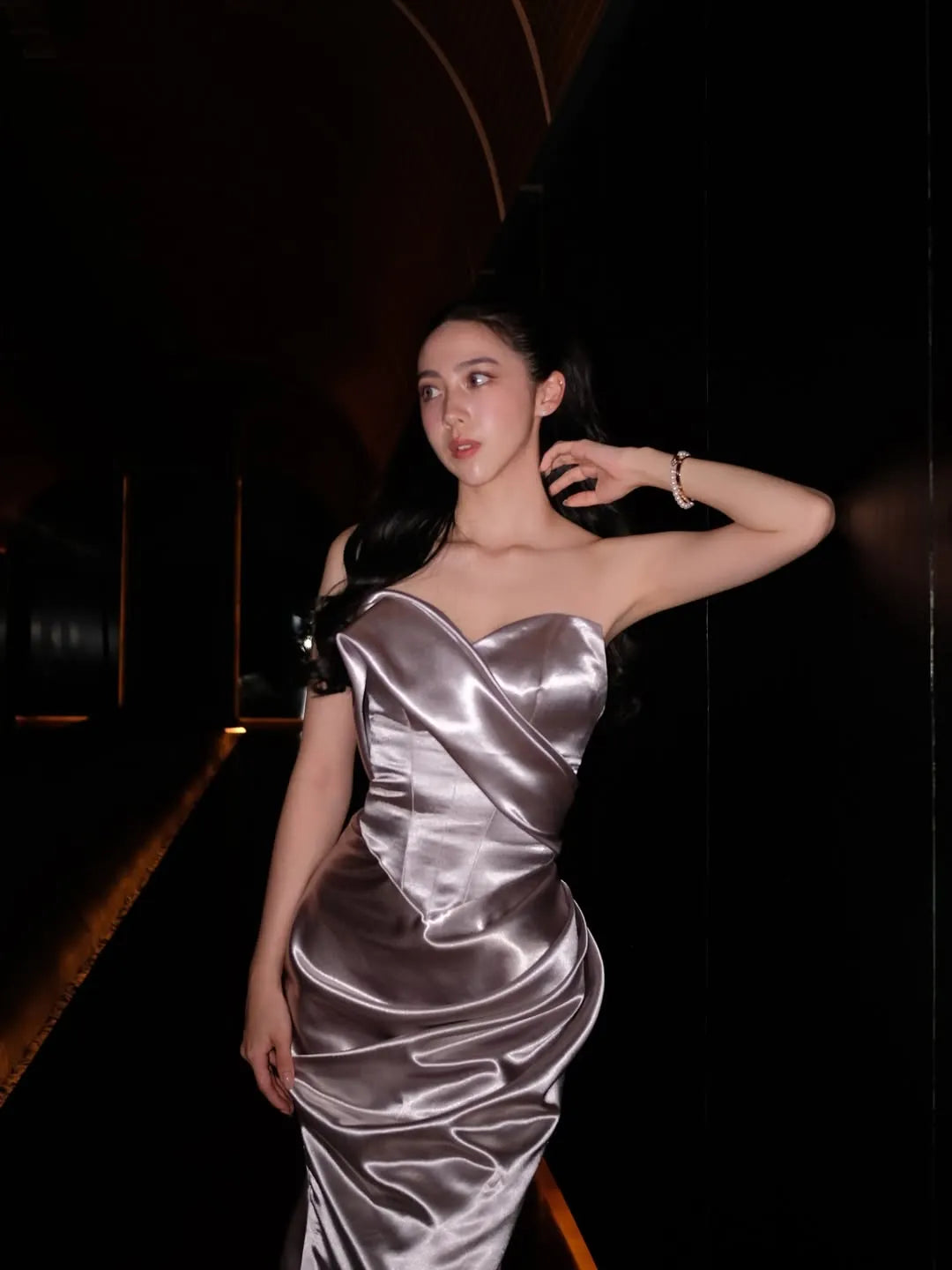 Cocoslly Strapless Sleeveless Long Mermaid Prom Dress With Pleated | Silver Satin CO0080